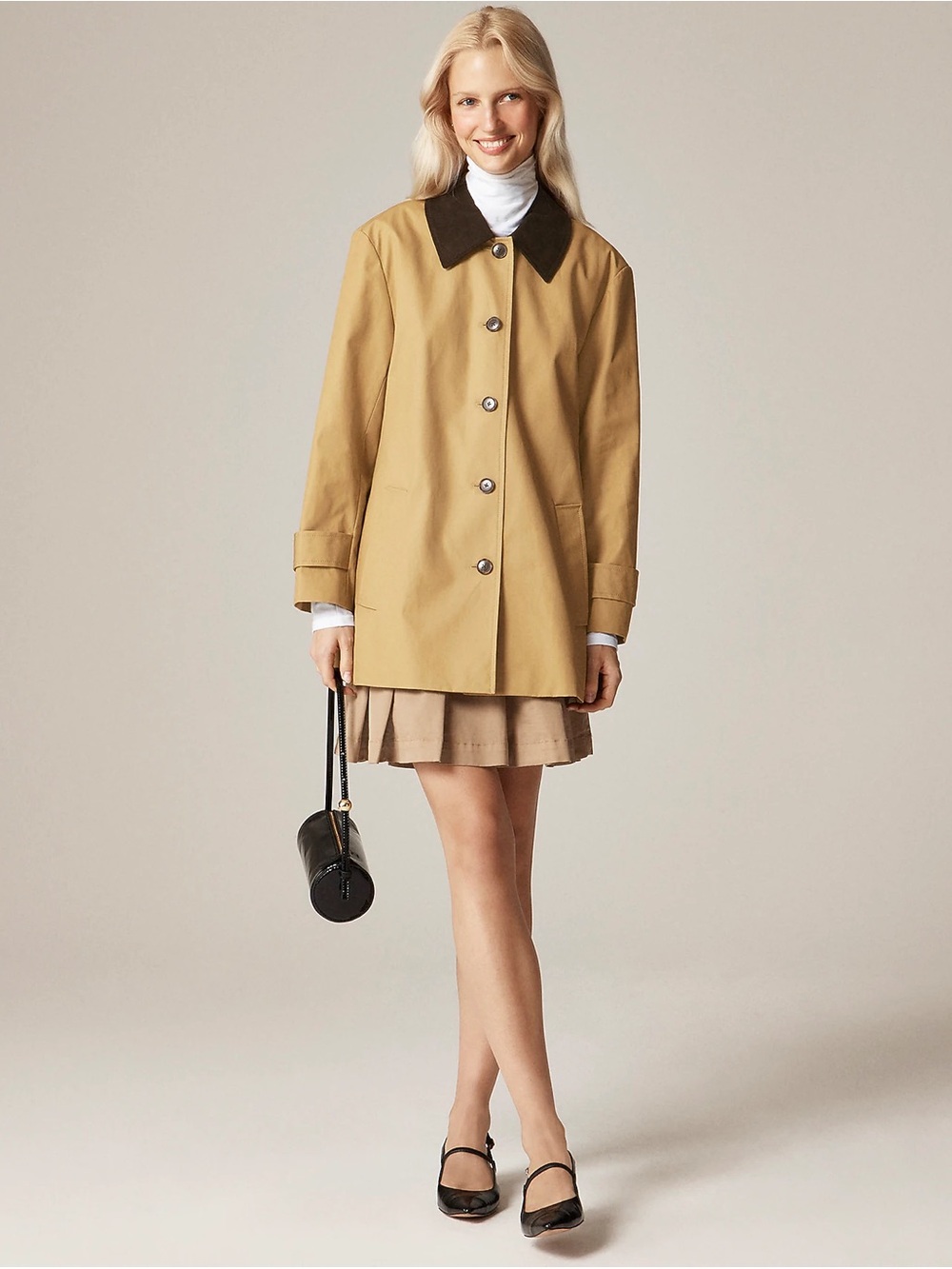 J. Crew Tan Short Trench Coat with Dark Brown Collar